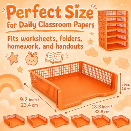 6 Pcs Orange Turn in Trays Classroom, Stackable Paper Bins for Classroom, 13x9x2.8 inch Plastic Baskets Desktop Organization System Office (Orange) - Image 2