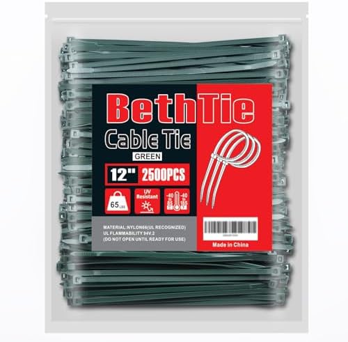 BethTie 12 Inch Green Zip Ties 2500 Pcs, 65 LBS UV Resistant Cable Ties by Youroutdoorcompanion
