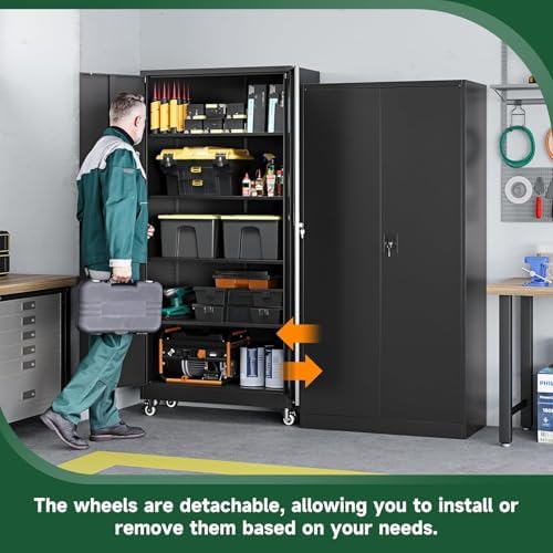 Letaya Metal Garage Storage Cabinets with Wheels,Steel Tool Cabinets Lock Door and Adjustable Shelves for Home,Office,Warehouse Organisieren (Black, 75" H) (Pack of 2) - Image 4