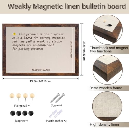 Large Magnetic Bulletin Board 43 x 31 Inch for Wall,Rustic Framed Cork Board with Linen for Home Office School,with 4 Push pins, 4 Magnets - Image 2