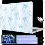 MEEgoodo for M5/M4/M3/M2 MacBook Air 15 inch Case 2026 2025 2024 2023, Case Fit Model (A3448/A3241/A3114/A2941) for MacBook Air 15.3 inch, Blue Stripes&Bows by MEEgoodo