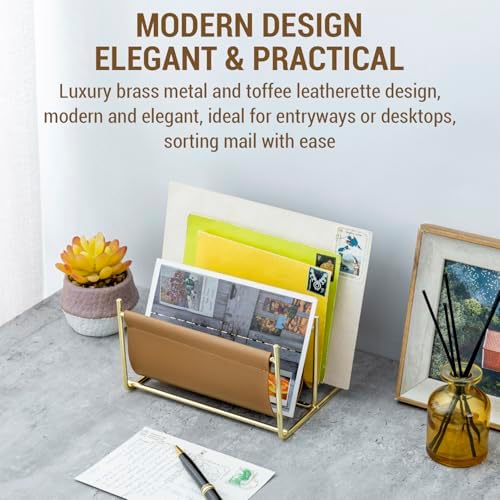 MyGift 2 Slot Modern Mail Holder, Deluxe Brass Tone Metal and Toffee Brown Leatherette Sling Entryway or Desktop Tabletop Letter Sorter - Image 2