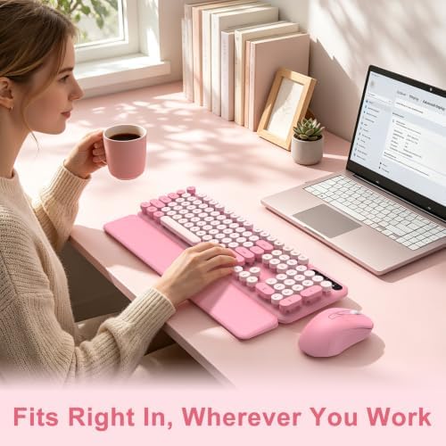 Pink Wireless Keyboard and Mouse Combo, Magnetic Wrist Rest, Round Keycap - Image 4