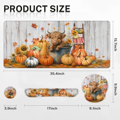 Britimes Keyboard Mouse Pad Set, 4 in 1 Desk Mat Set, Highland Cow Fall - Image 2