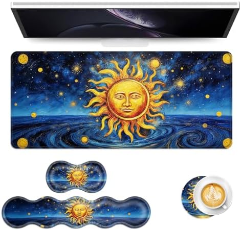 Keyboard Mouse Pad Set, Extended Gaming Mouse Pad+Ergonomics Keyboard Wrist Rest Support, Memory Foam, Easy Typing Pain Relief, 4Pcs XL Ultra Thick Desk Mat,Sun Face Painting by Vobber