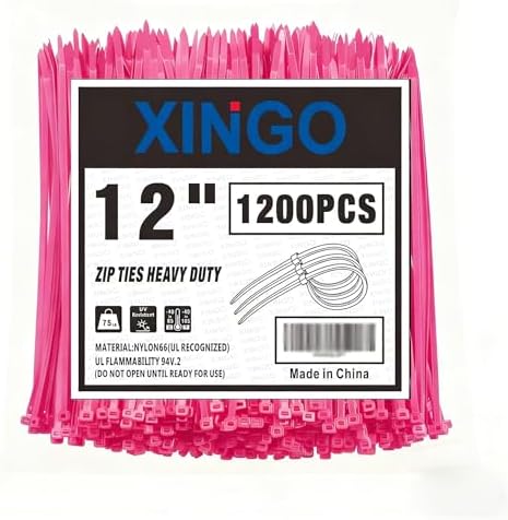 XINGO 12 Inch Pink Zip Ties 1200 PCS, 75 LBS Ultra Strong Tensile Strength, UV Resistant Cable Ties, Self-locking Plastic Ties for Indoor and Outdoor Use by XINGO