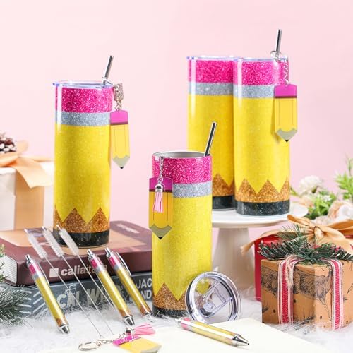 Skylety 12 Pcs/ 4 Sets Teacher Gift Tumbler Set, Glitter Pencil Style - Image 4
