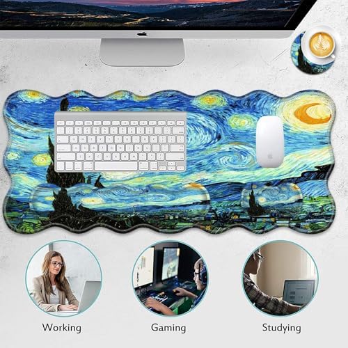 4 in 1 Desk Mat Set,Mouse Pad with Keyboard Wrist Rest,Wave-Shaped Design,Non-Slip Rubber Base,Waterproof,for Home,Office,Gaming,Starry Night - Image 6