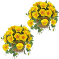 Briful 2 Pack Fake Morning Glory with Handwoven Basket - 8.2" Yellow Faux Potted Flowers Silk Floral Table Centerpiece for Home Office Room Shelf Desk Decor by Briful