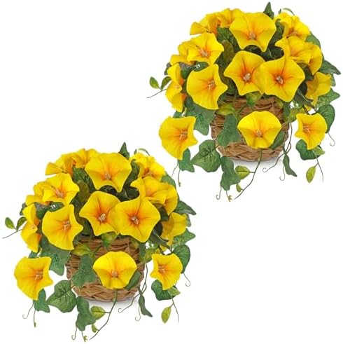Briful 2 Pack Fake Morning Glory with Handwoven Basket - 8.2" Yellow Faux Potted Flowers Silk Floral Table Centerpiece for Home Office Room Shelf Desk Decor by Briful