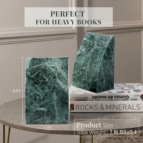 Koville Marble Bookends for Shelves, 8Lbs Large Stone Bookends for Heavy Books, Non-Slip Heavy Duty Book Stopper, Modern Decorative Book Ends for Bookshelf Table Home Decor(Green) - Image 2