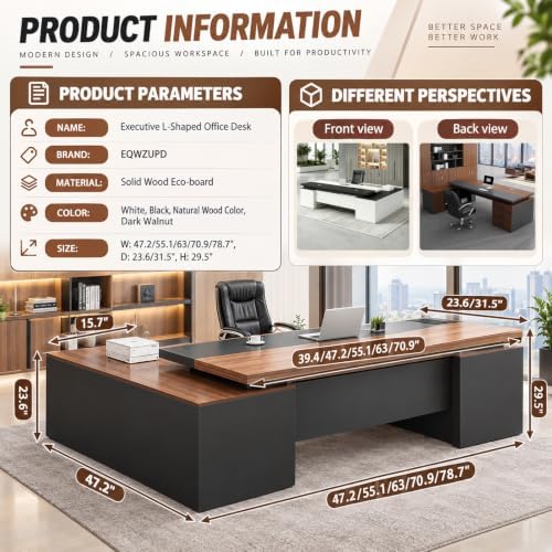 Executive Desk, L Shaped Executive Office Desk with Locking Drawer & File Cabinet, 1'' Thick Desktop, Large Office Desk with Storage, Modern Executive Computer Workstation for Home Office & Business - Image 2