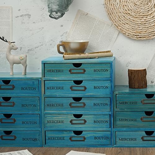 5 Pcs Desktop Storage Organizers,15 Drawers Cabinet for Tabletop,Wooden Stackable Organizer,Blue - Image 2