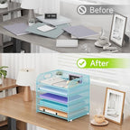 Cawukege 2 Pack 5 Tier Paper Organizer, Letter Tray with Handle, Mesh Desk Organizer, Metal File Organizer, Office Desk Accessories for Home, Office, Classroom, School -Blue - Image 6