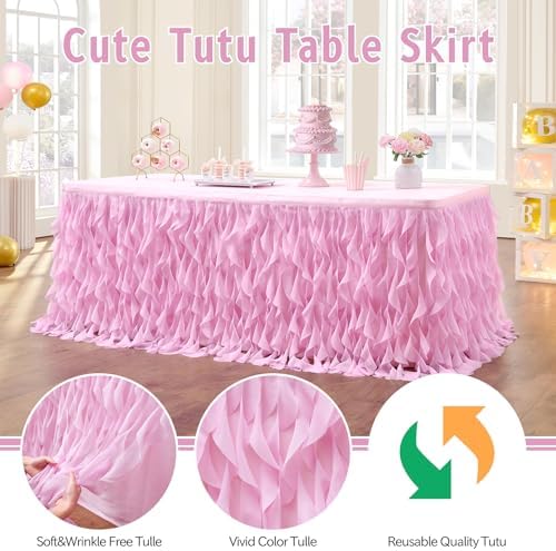 Leegleri 9ft Pink Tutu Table Skirt Tulle Curly Willow Table Skirt for Rectangle&Round Tables,Tutu Ruffle Tablecloth for Princess Girls 1st Baby Girl Birthday Party,Baby Shower Decoration,Gender Reveal - Image 4
