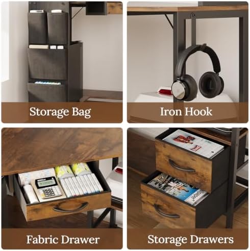 VENNQD Corner Desk with Drawers Shelves, Office Desk with Hutch, Triangle Corner Gaming Computer Desk with Storage Bag, Power Outlets and Hook for Home Office Workstation (Rustic Brown) - Image 4
