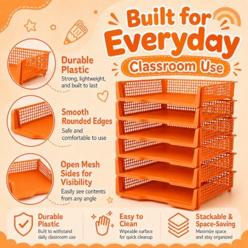 6 Pcs Orange Turn in Trays Classroom, Stackable Paper Bins for Classroom, 13x9x2.8 inch Plastic Baskets Desktop Organization System Office (Orange) - Image 3