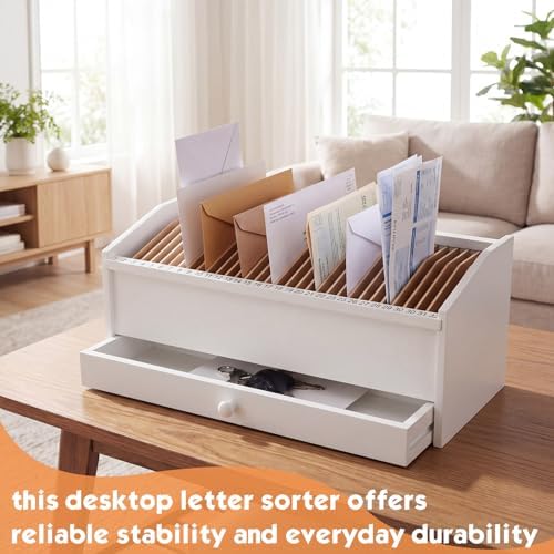 Wood Desktop Organizer with Drawer, 17 Inch 32 Section Bill & Mail & File Organizer Storage for Office Desk, Desktop Mail Holder and Office Supplies Storage, Letter and Paper Sorter (White) - Image 3