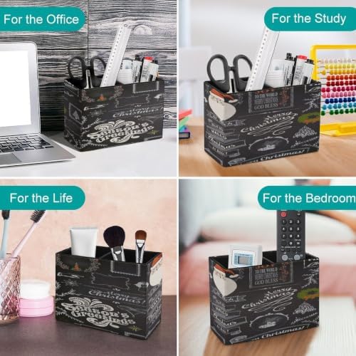 PU Leather Multi-Compartment Pen Holder Desktop Organizer Pencil Cup Storage Caddy for Office Home Supplies Christmas Design Elements on Chalkboard - Image 4