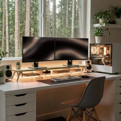 Fenge Dual Monitor Stand Riser with Phone & Tablet Slot, Oak - Image 2