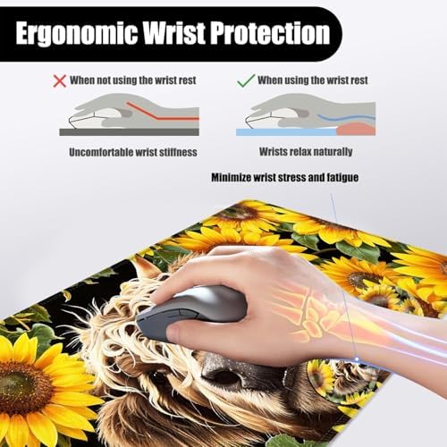Mouse Pad,Large Desk Mat Set, 4in1 XL Mousepad + Keyboard Wrist Rest+Mouse Wrist Rest+Coaster with Ergonomic Desk Pad for Home Office Table Computer Cover -Highland Cow Sunflower - Image 5