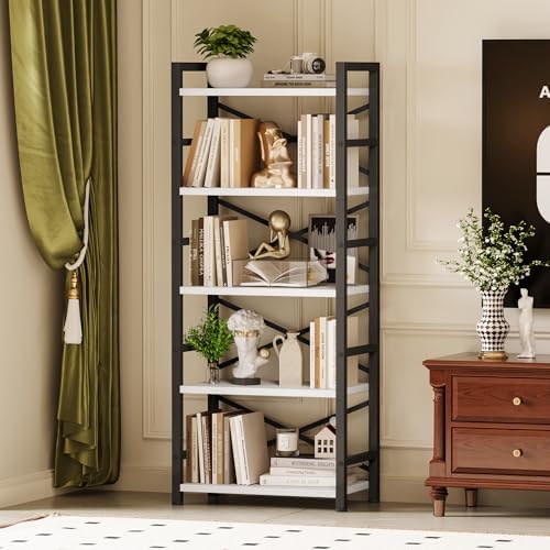 Homeiju Organization and Storage, 5 Tier Bookshelf, Tall Bookcase with Shelves, Wood and Metal Book Shelf Storage Organizer, Industrial Display Standing Shelf Unit for Bedroom, White - Image 2
