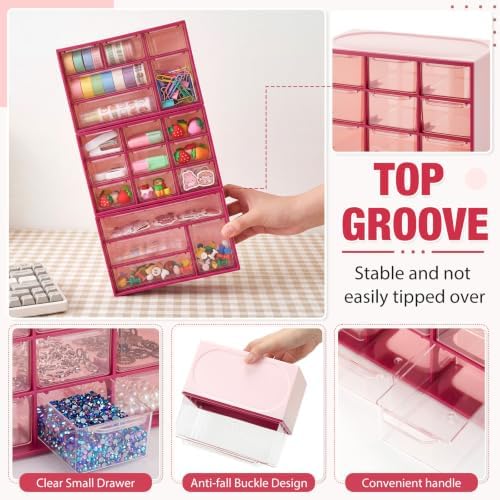 Briwooody 4 Pcs Mini Desktop Drawer Storage Box 3 4 6 9 Compartment, Pink - Image 4