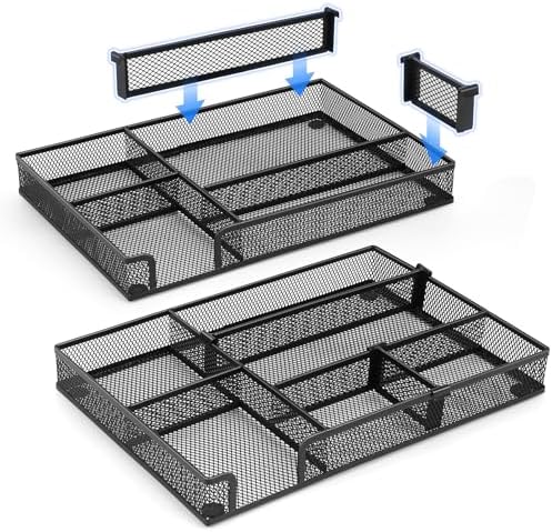 Desk Drawer Organizer, 2 Pack Junk Drawer Organizer Tray with 2 Adjustable Compartments, Desktop Metal Mesh Office Desk Organizer, Multifunction Pen Organizer Set for Office School Makeup Supplies (2) by QualityisOurCulture