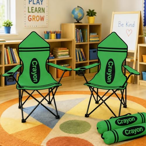 Back to School Classroom Seat, Green Crayon Design Portable Folding Chair with Armrests, Cup Holder and Carry Bag for Reading Corner, Study Zone and School Activities - Image 2