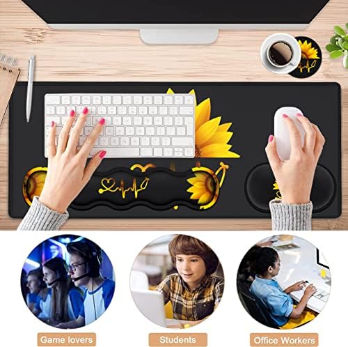 Ergonomic Mouse Pad Set, Desk Mat(31.5×11.8 in) + Keyboard Wrist Rest Support + Mouse Wrist Rest + Coasters for Office,Home,Computer,Laptop -Sunflower Nurse Pattern Black Gaming Large Mousepads - Image 7