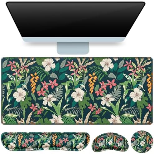 Desk Mat Floral, Large Gaming Mouse Pad with Wrist Rest, 4in1 XXL by QOMOLAMA