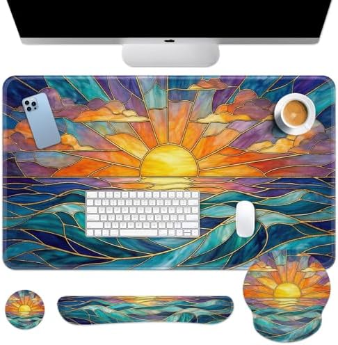 Britimes Keyboard Mouse Pad Set, 4 in 1 Desk Mat Set, Gold Sun Ocean by Britimes