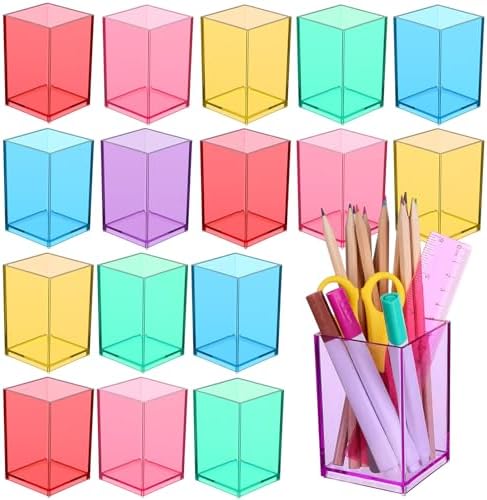 18 Pack Colorful Clear Acrylic Pen Holder Acrylic Square Pencil Organizer Rainbow Colors Pencil Holder Makeup Brush Holder Desk Pencil Cup Stationery Organizer for Desk Dorm Home Office Supply by Unknown