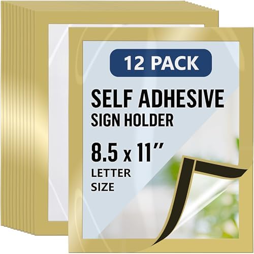 12 Pack Magnetic Sign Holder 8.5 x 11 with Adhesive Back - Gold Magnetics Poster Frame & Magnetic Paper Holder - Reusable Adhesive Frames 8.5x11 - Magnet Frame for Wall Windows - Magnet Document Holders by Juzari