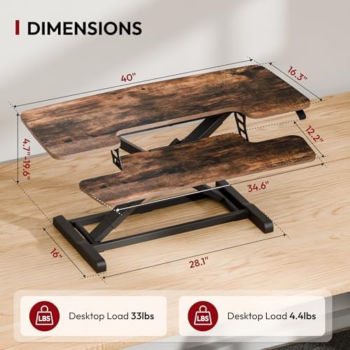 SANODESK 40" Standing Desk Converter, Effortless Lift Sit-Stand Desk Riser for Dual Monitors, Large Ergonomic Computer Workstation Tabletop, Rustic Brown - Image 2