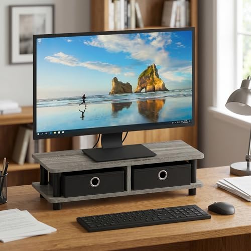 Monitor Riser with Bin Drawers, Laptop Stand for Desk, Office Desk Accessories, Monitor Stand Riser, Desk Organizers and Accessories, French Oak by Mikkagu