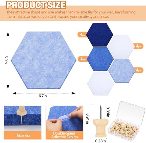 6.7 x 5.9 in 16 Pcs Hexagon Cork Board Tiles, Felt Pin Boards, Blue - Image 3