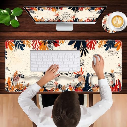 Keyboard Wrist Rest and Mouse Pad with Wrist Support Set Ergonomic Coaster,Memory Foam,Easy Typing Pain Relief,Large XL Desk Mat 31.5"x 11.8",Proverbs 31:25 Quote Art - Image 4