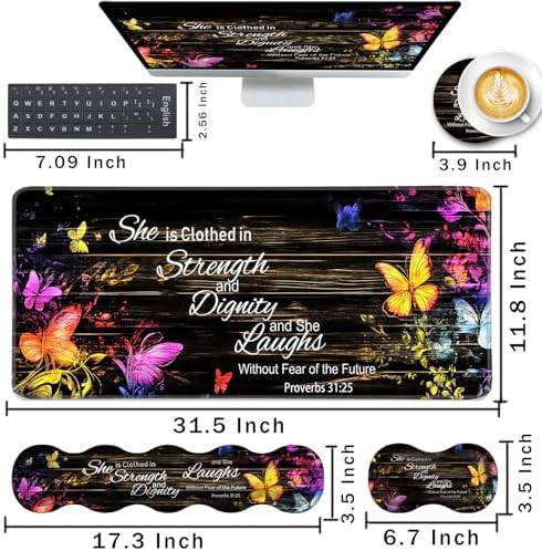 Keyboard Wrist Rest and Mouse Pad with Wrist Support Set Ergonomic Coaster,Memory Foam,Easy Typing Pain Relief,Large XL Desk Mat 31.5"x 11.8",Floral Butterfly Bible Verse Proverbs 31-25 - Image 2