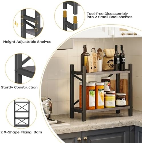 Desktop Bookshelf, 4-Tier Stackable Narrow Bookcase, Adjustable Industrial Desk Organizer & Hutch - Rustic Brown Wood Desktop Book Organizer for Living Room, Bedroom & Home Office - Image 6