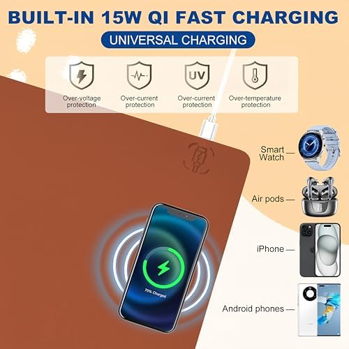Desk Mat with Wireless Charging, Brown Mouse Pad with Wireless Charger, Desk Pad Matt for Desktop, Mousepad Gaming Large Mouse Pad, Leather Compute for Keyboard and Mouse, 32" x 16" - Image 2