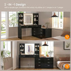 FIONESO Vanity Desk with LED Light Mirror & Power Outlet, 8 Drawers, 6 Storage Shelves, 3 Color Modes & Adjustable Brightness Makeup Vanity, Corner Vanity, L Shape Vanity, 39.4”-64.9" Desk, Black - Image 4