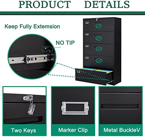 Letaya 5 Drawer File Cabinet with Lock,Metal Lateral Filing Cabinets for Home Office Hanging Files Letter/Legal/F4/A4 Size(Black-Requires Installation) - Image 4