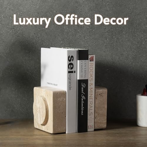 Koville Marble Square Book Ends, Heavy Duty Book Holders, Bookends for Shelves, Office Bookshelf Decor for CDs/Video Games(Travertino Romano) - Image 5