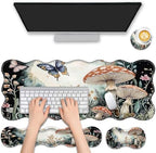 4 in 1 Desk Mat Set,Mouse Pad with Keyboard Wrist Rest,Wave-Shaped Design,Non-Slip Rubber Base,Waterproof,for Home,Office,Gaming,Mushrooms and Butterflies by FGDRFGRW