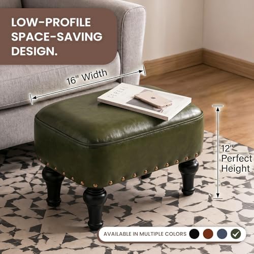 Cmishe Ottoman Leather Footrest, Vintage Footstool with Hidden Storage, Thickened Foam Upholstered Seat, Solid Beechwood Legs, Under Desk Shoe Bench Small Bench for Living Room Dining Room (Green) - Image 2