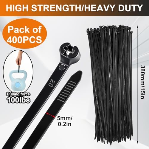 Blulu 15 Inch 400 Pcs Black Cable Ties with Metal Tooth Self Locking - Image 2