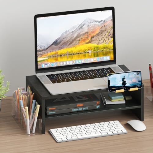 TEAMIX 2 Tiers Wood Monitor Stand Riser with Phone Holder & Side Pen Holder - Image 2