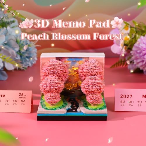 3D Calendar 2027, Desk Time Piece Calendar 2027,Tear-Away 3D Paper Art Notepad w LED Lights,Creative 3D Memo Artsy Pad Calendars, DIY Paper Carving Gift (Peach Blossom Forest) - Image 2