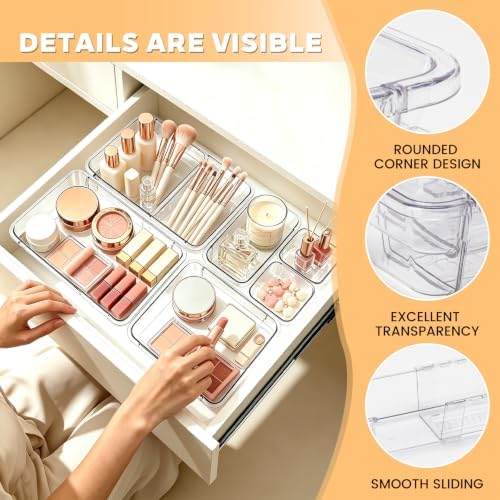 20PCS Clear Drawer Organizer Set, Expandable Acrylic Vanity Storage Bins, 2 Sizes Adjustable Plastic Junk Drawer Dividers, BPA-Free Non-Slip Stackable Organizers for Makeup, Bedroom, Office & Tools - Image 5